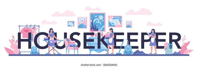 Housekeeper typographic header. Apartment cleaning service. Woman in a classic uniform cleaning house or hotel. Isolated vector illustration