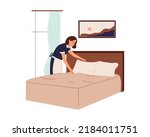 Housekeeper in uniform cleaning hotel room. Maid woman changing bedding. Housekeeping service concept. Color flat vector illustration isolated on white background