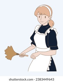 Housekeeper wearing apron, holding feather duster, cleaning whisk. Maid providing  cleaning services. Hand drawn flat cartoon character vector illustration.