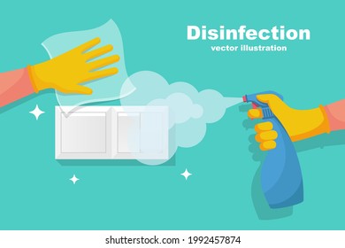 Housekeeper wipes napkin switch. Disinfection switch. Cleaning surface. Hygiene home. Cleaning and disinfection. Housekeeping service concept. Pollution prevention. Vector illustration flat design.