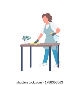 Housekeeper wiping dust flat color vector faceless character. Female janitor in apron and gloves isolated cartoon illustration for web graphic design and animation. Housework, janitorial service