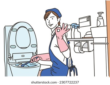 A housekeeper woman in an apron who cleans the toilet
