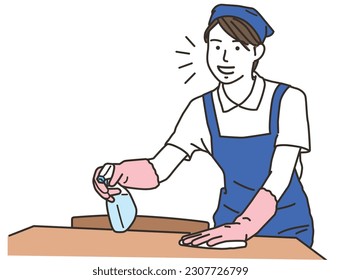 A housekeeper woman in an apron who wipes