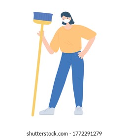 housekeeper woman with broom work essential during covid 19, character worker isolated design icon vector illustration
