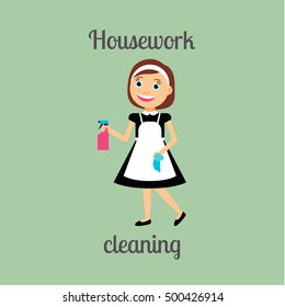 Housekeeper woman make housework. Cleaning around the house vector illustration