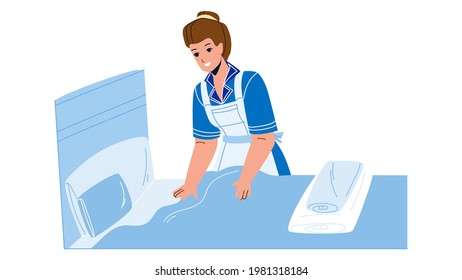 Housekeeper Woman Making Bed In Bedroom Vector. Housekeeper Service Worker Girl Cleaning And Changing Sheet. Character Maid Lady Preparing Hotel Room For Client Flat Cartoon Illustration