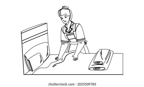 Housekeeper Woman Making Bed In Bedroom Black Line Pencil Drawing Vector. Housekeeper Service Worker Girl Cleaning And Changing Sheet. Character Maid Lady Preparing Hotel Room For Client Illustration