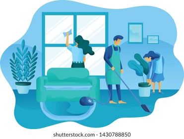 housekeeper workers are cleaning the house, service vector flat illustration