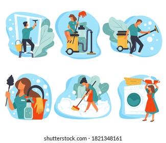 Housekeepers or cleaning services for home or office. Mopping floor with detergents, windows and clothes in machine. Houseworks with usage or chemicals and supplies, chores vector in flat style
