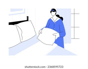 Ilustración vectorial de concepto abstracto de la casa. Empleado de casa con cama uniforme en habitación de hotel, negocios de hostelería, gente profesional, servicio de limpieza, trabajo de camarera metáfora abstracta.