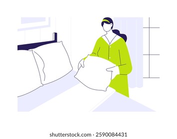 Housekeeping abstract concept vector illustration. Housekeeper in uniform making bed in hotel room, hospitality business, professional people, cleaning service, chambermaid job abstract metaphor.