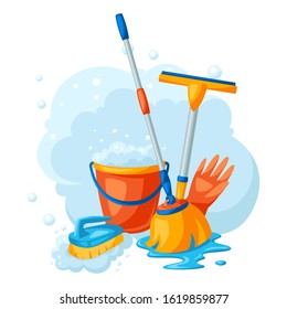 Housekeeping background with cleaning items. Illustration for service, design and advertising.