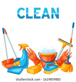 Housekeeping background with cleaning items. Illustration for service, design and advertising.