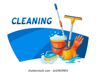 Housekeeping background with cleaning items. Illustration for service, design and advertising.