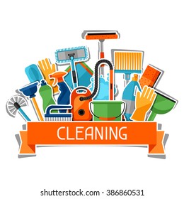 Housekeeping background with cleaning sticker icons. Image can be used on advertising booklets, banners, flayers, article, social media.