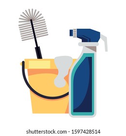 housekeeping bucket tool with splash bottle and brush vector illustration design