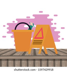 housekeeping bucket tool with splash bottle and caution label vector illustration design
