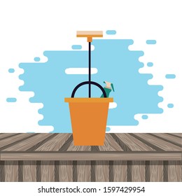 housekeeping bucket tool with splash bottle and brush vector illustration design