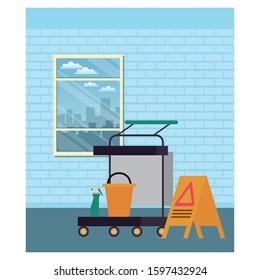 housekeeping bucket tool with splash bottle and caution label vector illustration design