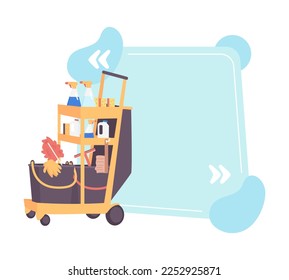 Housekeeping cart quote textbox with flat object. Maid trolley. Cleaning supplies in office, hotel. Speech bubble with editable cartoon illustration. Creative quotation isolated on white background