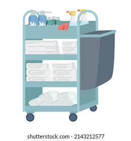 Housekeeping Cart Semi Flat Color Vector Object. Full Sized Item On White. Janitor Cart. Cleaning Supplies Storage Simple Cartoon Style Illustration For Web Graphic Design And Animation