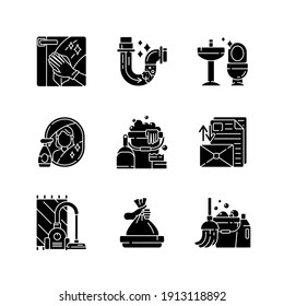 Housekeeping chores black glyph icons set on white space. Professional cleaning and plumbing service silhouette symbols. Domestic responsibilities, work around the house. Vector isolated illustrations