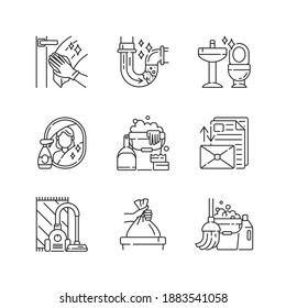 Housekeeping chores linear icons set. Cleaning and plumbing service customizable thin line contour symbols. Domestic responsibilities. Isolated vector outline illustrations. Editable stroke