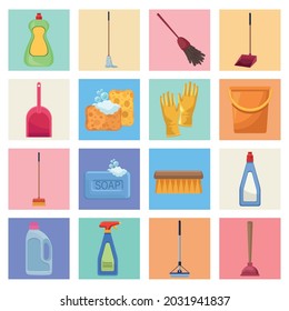 housekeeping chores set sixteen icons