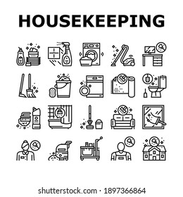 Housekeeping Cleaning Collection Icons Set Vector. Laundry, Window Sponge And Vacuum Cleaner. Washing Machine And Cleaning Service Worker Black Contour Illustrations