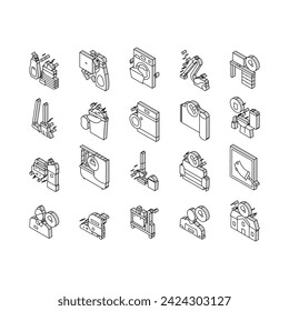 Conjunto de iconos isométricos de la colección de limpieza de limpieza. Lavandería, Esponja De Ventana Y Aspiradora. Pictogramas Lineales Del Concepto Del Trabajador De La Lavadora Y Del Servicio De Limpieza. Color de contorno .