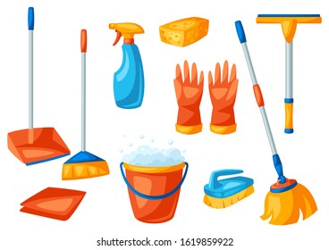 Housekeeping cleaning items set. Illustration for service, design and advertising.