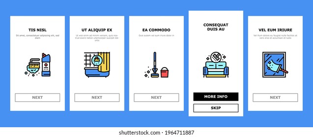 Housekeeping Cleaning Onboarding Mobile App Page Screen Vector. Laundry, Window Sponge And Vacuum Cleaner. Washing Machine And Cleaning Service Worker Illustrations