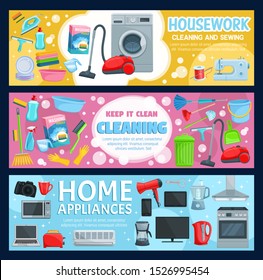 Housekeeping, cleaning and sewing, home appliance. Vector wash and laundry, domestic chores equipment. Chemical means and vacuum cleaner, washing and coffee machine, microwave oven, blender and camera