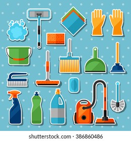 Housekeeping cleaning sticker icons set. Image can be used on banners, web sites, designs.