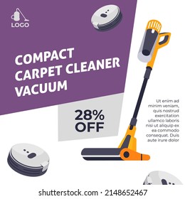 Housekeeping and cleaning technics, appliances for home cleanliness. Compact carpet cleaner vacuum, sale and discount, reduction of price. Household hygiene, electrical helper. Vector in flat style
