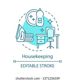 Housekeeping concept icon. House service idea thin line illustration. Ironing. Home and computer storage systems maintenance. Mirrors wiping. Vector isolated outline drawing. Editable stroke