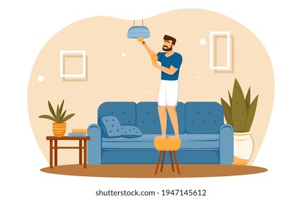 Housekeeping concept with a man changing a light bulb in the living room at home in front of a sofa, colored flat cartoon vector illustration