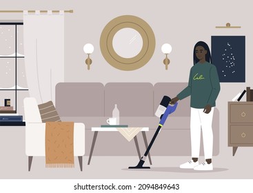 Housekeeping concept, a young female African character vacuum-cleaning a living room rug, daily chores