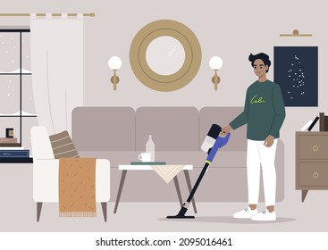 Housekeeping concept, a young male Caucasian character vacuum-cleaning a living room rug, daily chores