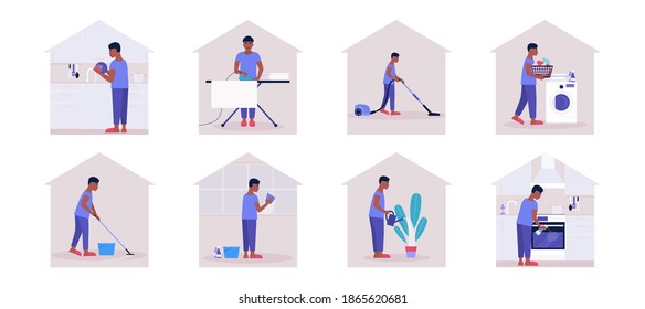 Housekeeping concept. Young man cleaning the apartment (ironing and washing clothes, vacuuming and washing the kitchen and dishes). Colorful flat vector illustration