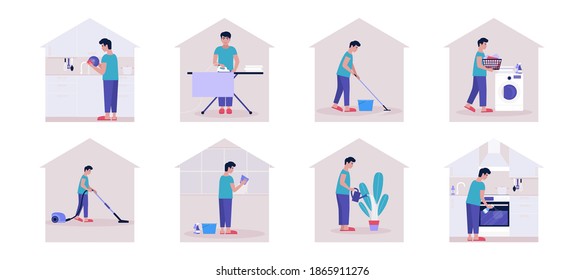 Concepto de limpieza. Joven limpiando el apartamento (planchando y lavando la ropa, aspirando y lavando la cocina y los platos). Ilustración de vector plana colorida