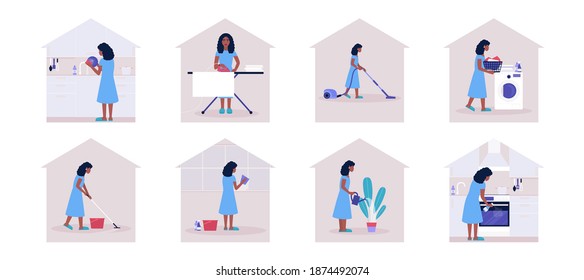 Housekeeping concept. Young woman cleaning the apartment (ironing and washing clothes, vacuuming and washing the kitchen and dishes). Colorful flat vector illustration