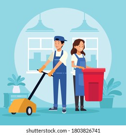 limpieza doméstica pareja de trabajadores con basura y diseño de vectores de brillo del suelo