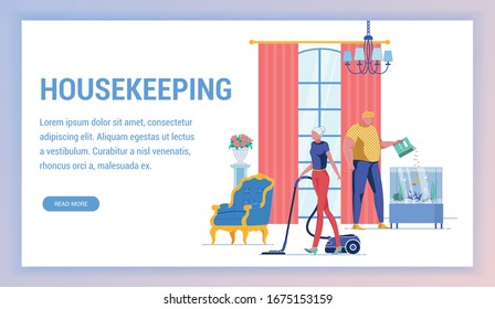 Housekeeping, Doing Household Chore At Home. Old Woman Cleaning Floor With Vacuum Cleaner Web Design. Man Feeding Fish In Aquarium In Living Room Flat Cartoon Vector Illustration.