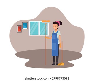housekeeping female worker with broom and dustpan vector illustration design