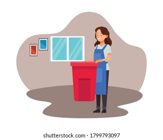 housekeeping female worker with garbage waste vector illustration design