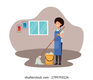 housekeeping female worker with mop and bucket vector illustration design