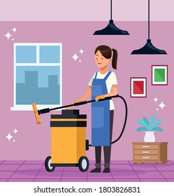 housekeeping female worker with vacuum cleaner vector illustration design