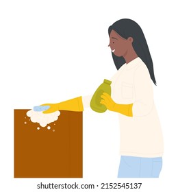 Housekeeping girl cleaning furniture. Washing tools and hygiene detergents vector illustration