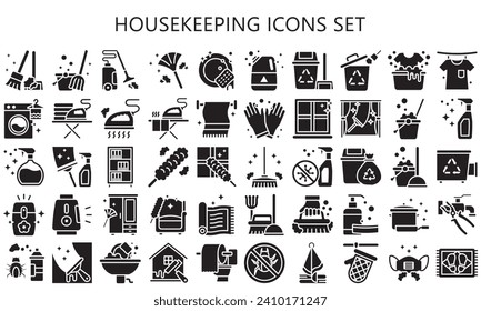 Housekeeping glyph icons set. contain bin, broom, plunger, gloves and more. best for UI or UX, web and app development. vector EPS 10.